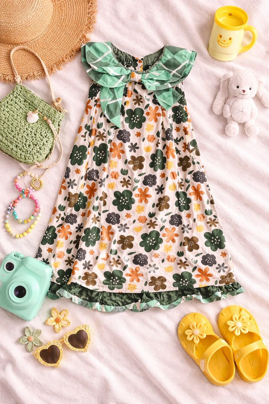 Jelly The Pug Girls Monaco Kenzei Floral Dress Green Orange Cottagecore Size 7